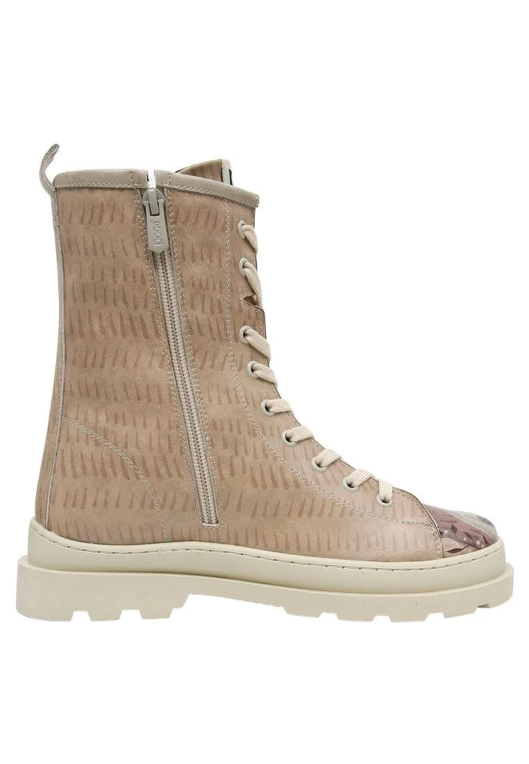 Women Vegan Leather Beige Zipper Long Boots - Heart Cat Design