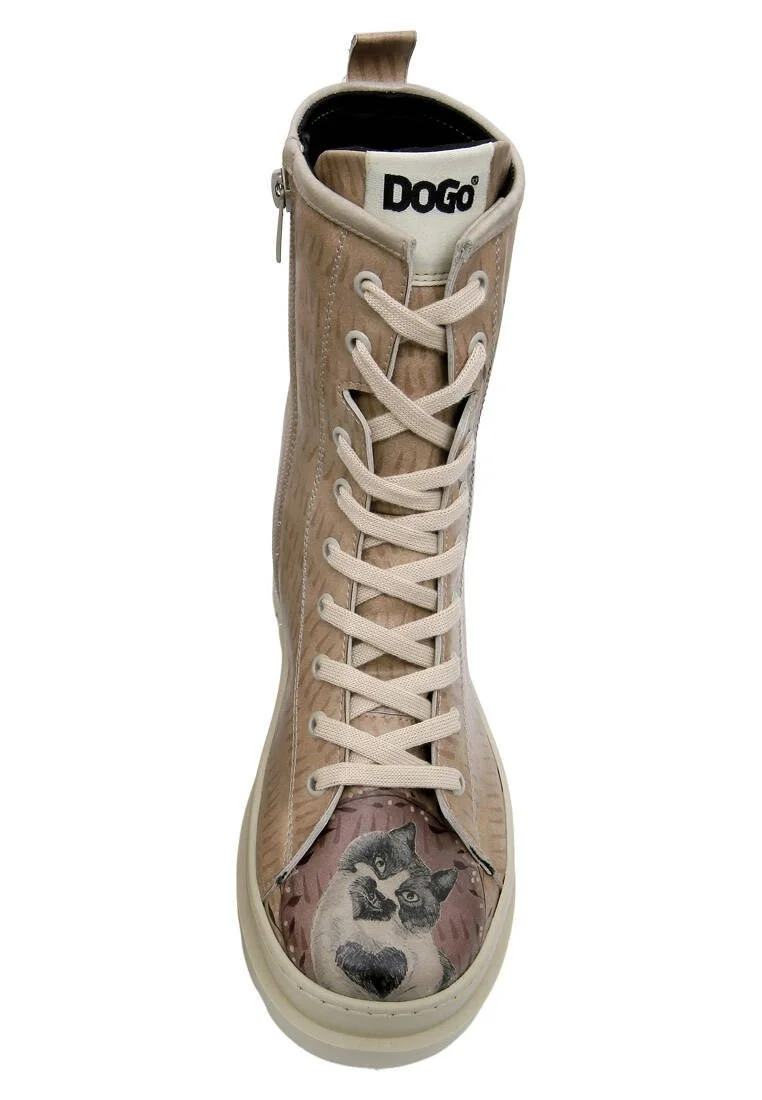 Women Vegan Leather Beige Zipper Long Boots - Heart Cat Design