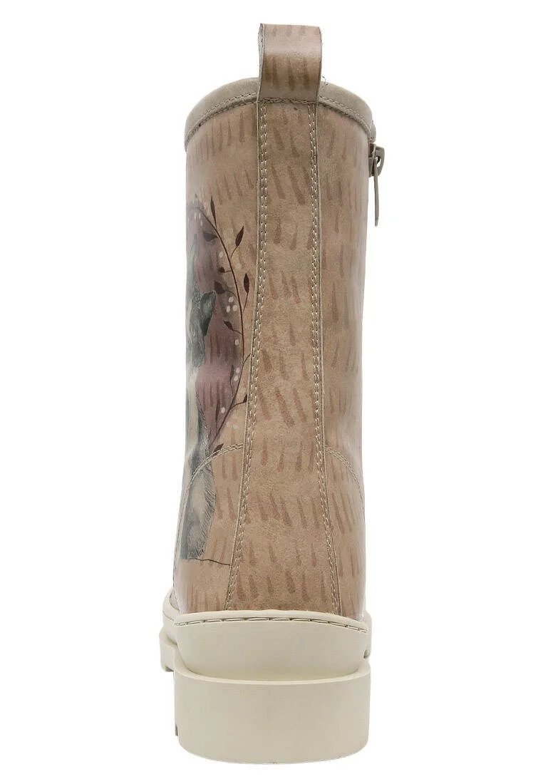 Women Vegan Leather Beige Zipper Long Boots - Heart Cat Design