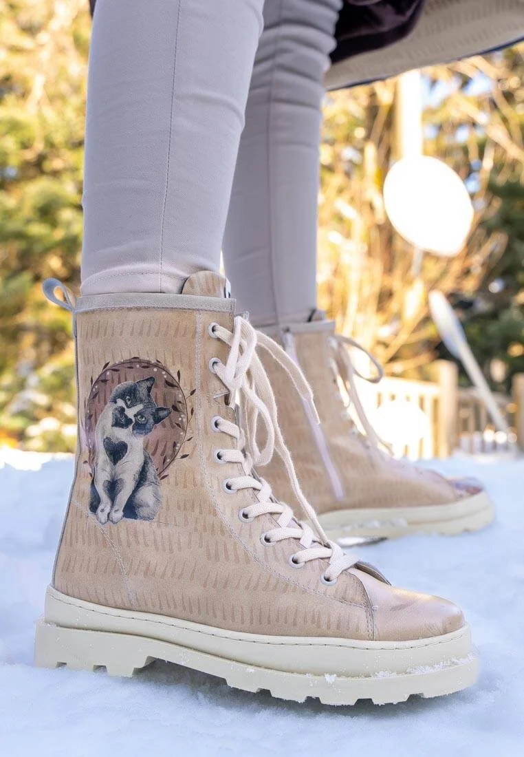 Women Vegan Leather Beige Zipper Long Boots - Heart Cat Design