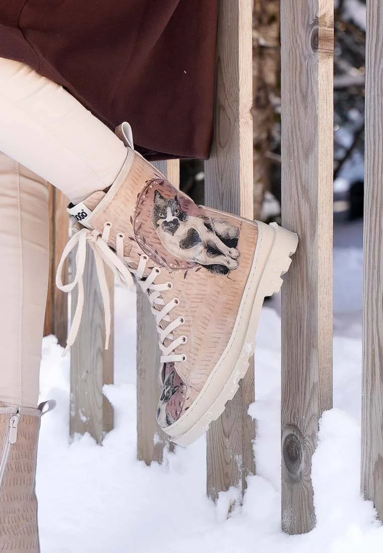 Women Vegan Leather Beige Zipper Long Boots - Heart Cat Design