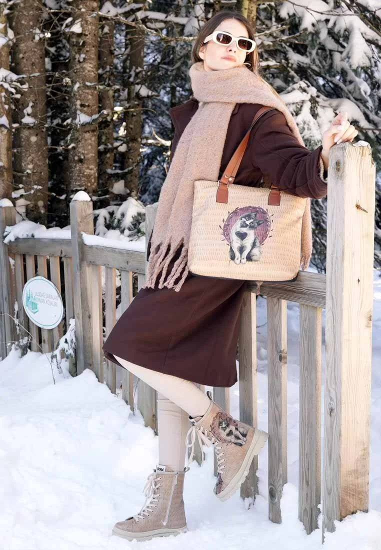 Women Vegan Leather Beige Zipper Long Boots - Heart Cat Design