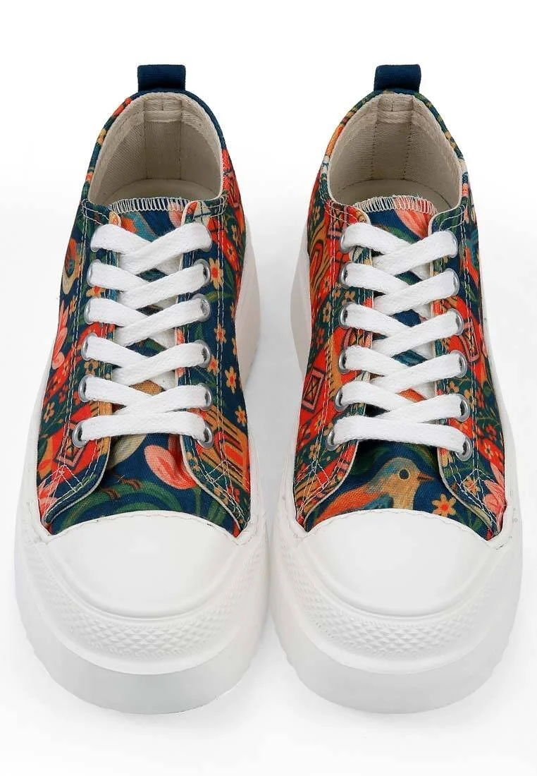 Women Vegan Multicolor Platform Sneakers - Garden Birds Design