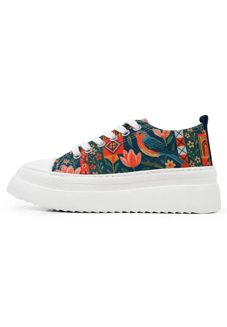 Women Vegan Multicolor Platform Sneakers - Garden Birds Design
