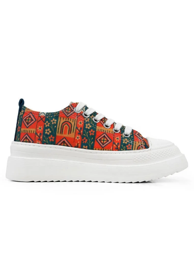 Women Vegan Multicolor Platform Sneakers - Garden Birds Design