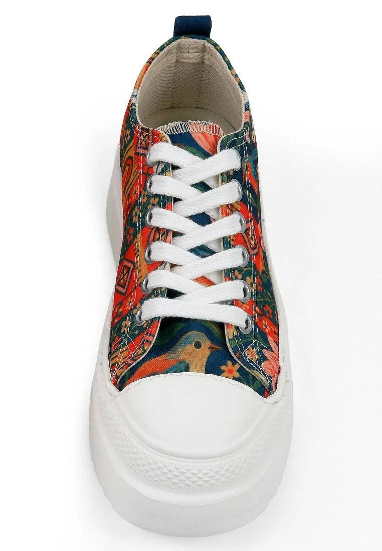 Women Vegan Multicolor Platform Sneakers - Garden Birds Design