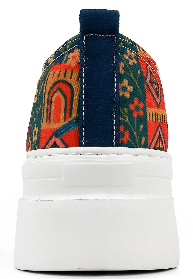 Women Vegan Multicolor Platform Sneakers - Garden Birds Design