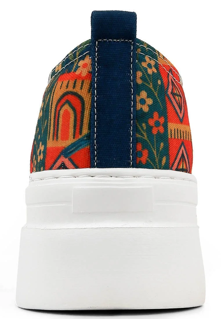 Women Vegan Multicolor Platform Sneakers - Garden Birds Design