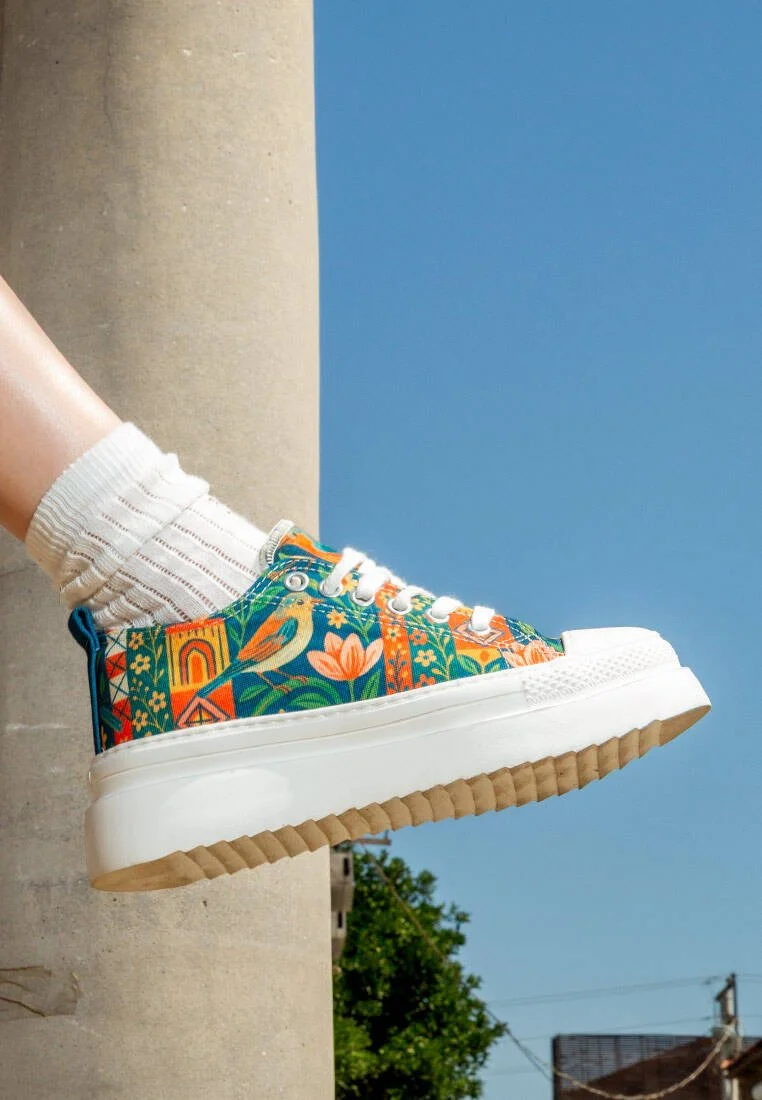Women Vegan Multicolor Platform Sneakers - Garden Birds Design