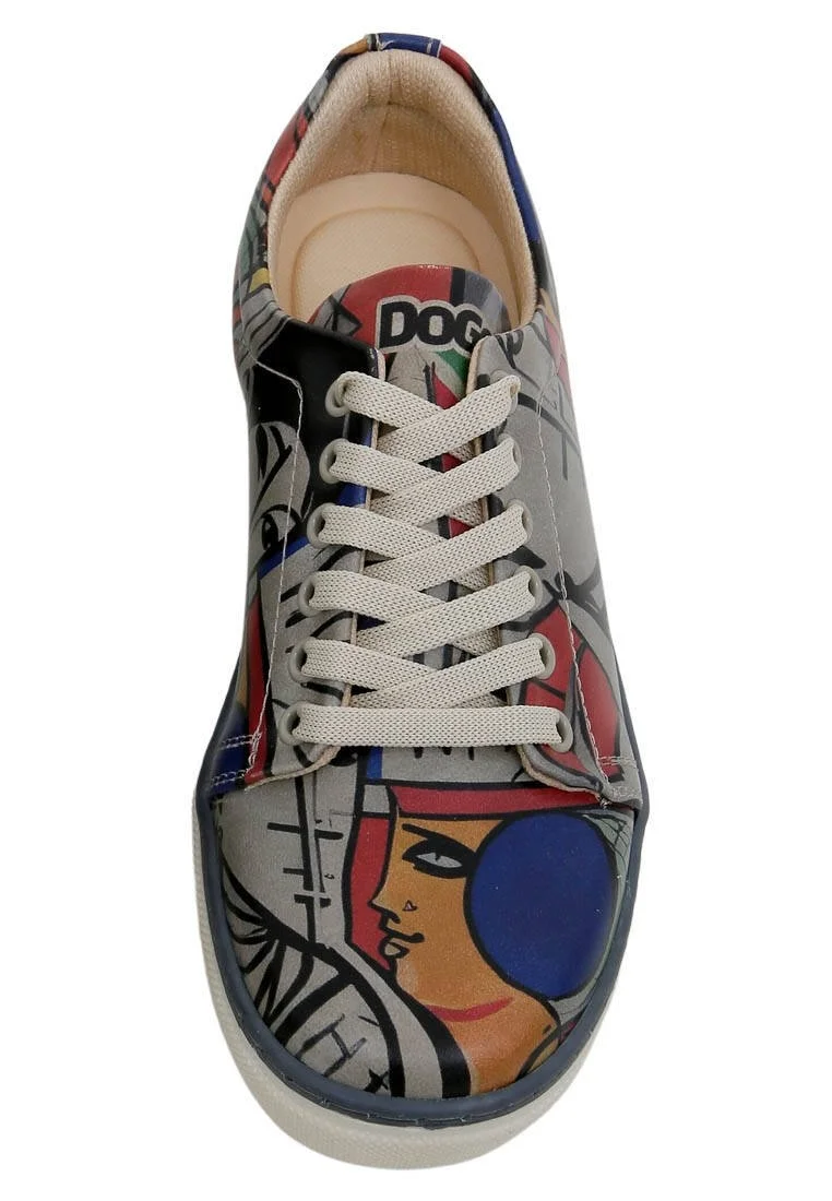 Femme Cuir Vegan Gris Baskets - Cubic Faces Motif