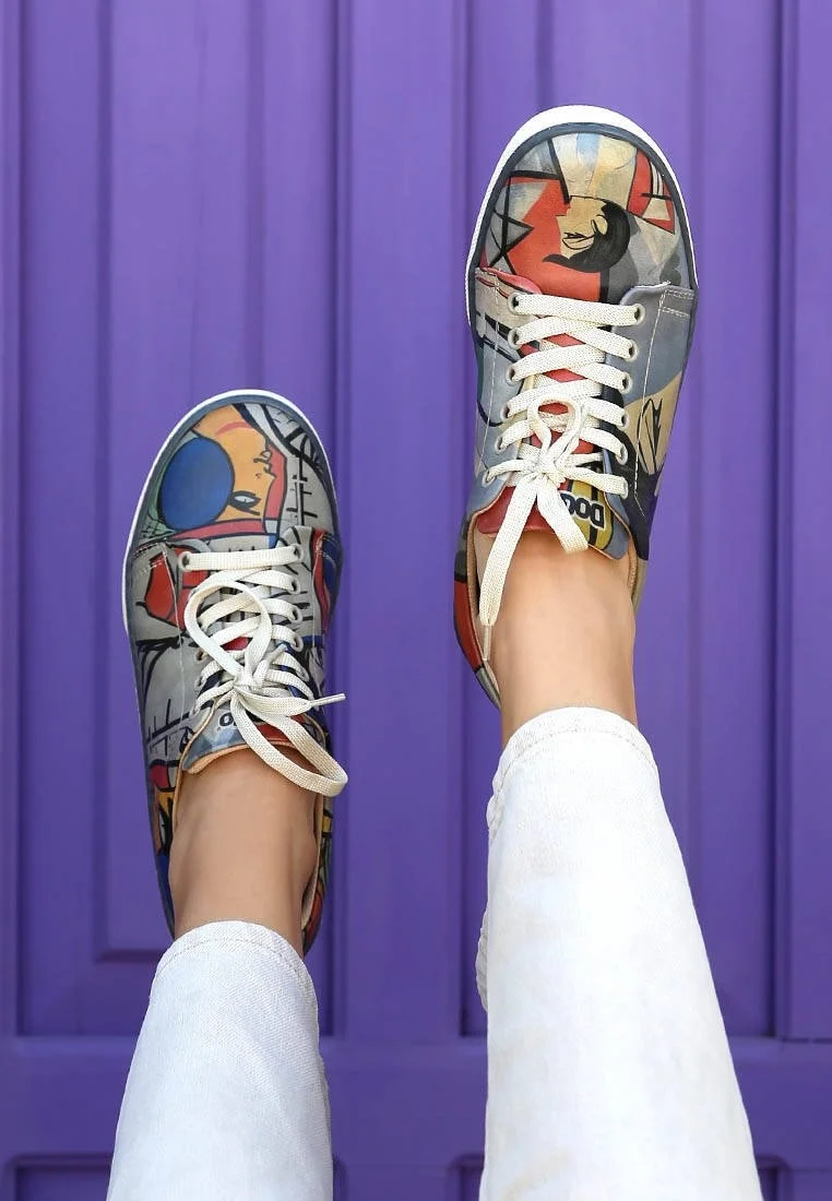 Femme Cuir Vegan Gris Baskets - Cubic Faces Motif